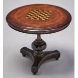 Miniature Furniture.   A Victorian mahogany, walnut and inlaid tilt top table, on turned pillar