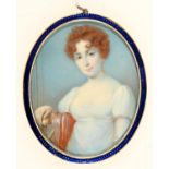 French (?) School, early 19th c - Portrait Miniature of a Young Lady, with curly auburn hair, in
