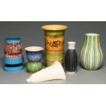 A Denby stoneware mid century vase, four various other earthenware vases and a Spode Velamour wall
