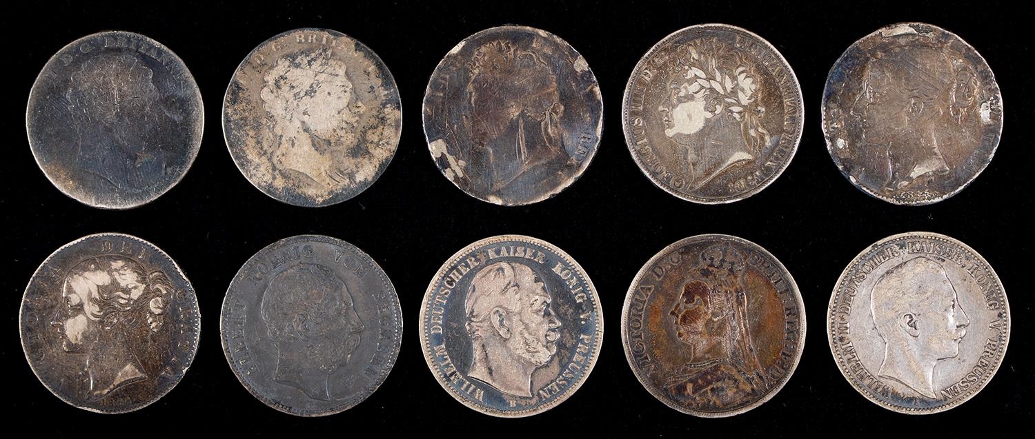 Silver Coins. Crown, George III and Victoria, various dates (7), Saxony Five Marks 1875 and