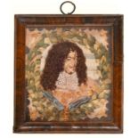 A silk, lace, applique and painted relief portrait of the head of King Charles II, 19th c, beneath
