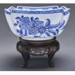 A Chinese export blue and white square bowl, late 18th c, painted with fruit and flowers beneath