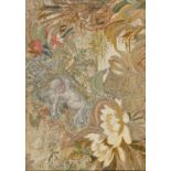 An embroidered silk picture, late 19th c,  of a cherub, waterlilies and other flowers, worked in