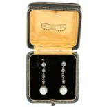 A pair of cultured pearl and diamond pendant earrings, in gold, with 9mm cultured pearl, fully