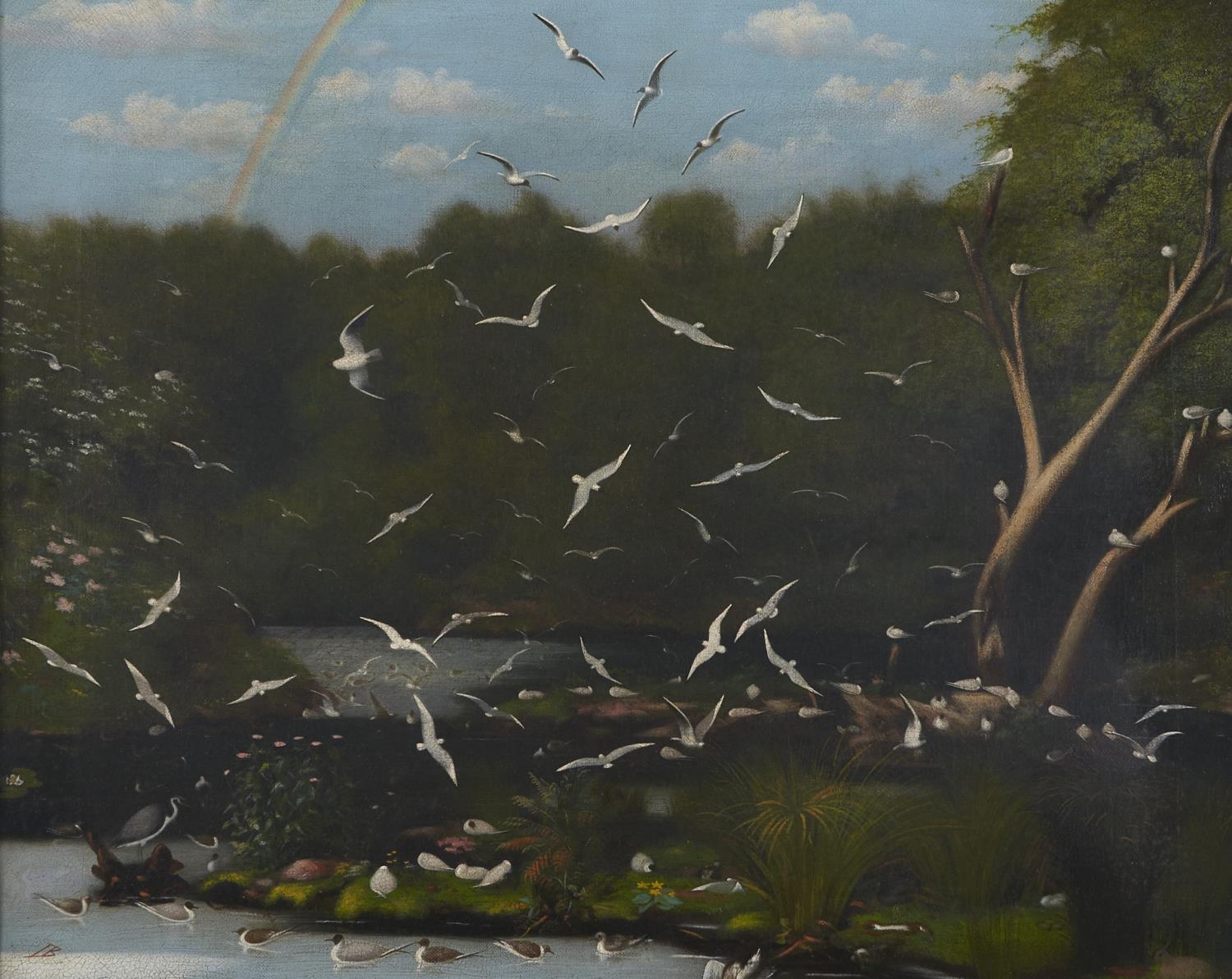 English Naive Artist, 19th / early 20th century - Birds Returning to Roost over a Mill Pond at