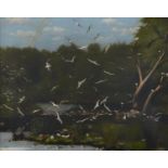 English Naive Artist, 19th / early 20th century - Birds Returning to Roost over a Mill Pond at