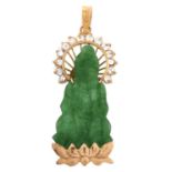 A carved jadeite and white stone Buddha pendant, in gold marked 18k, 3.3g Good condition
