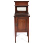 An Edwardian mahogany, crossbanded and line inlaid pot cupboard, with mirror inset upstand and