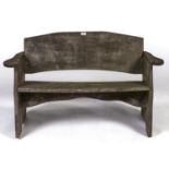 A weathered wood garden seat, 20th c, with shaped arms, seat height 41cm, 120cm l Condition