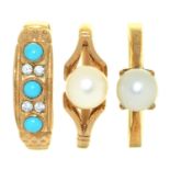 A turquoise and white stone ring, in 9ct gold, Sheffield 1998 and two cultured pearl rings, in gold,