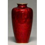 A Japanese cloisonne ginbari enamel vase, Taisho / Showa, of shouldered form, in deep red enamel