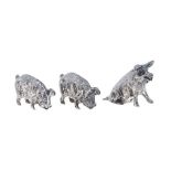 Three miniature silver models of pigs, 25mm h and smaller, import marked London 1990 and c, 1oz