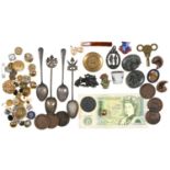 Miscellaneous brass tunic and other buttons, badges, coins, etc. Condition evident from image