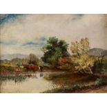 E Harbury (late 19th / early 20th c) - Cattle at the Edge of a Pond, signed, oil on canvas, 14.5 x