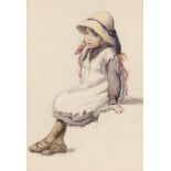 English School, early 20th c - Seated Young Girl Wearing Bonnet, her hair in ribbons, watercolour