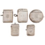 Five silver vesta cases, Victorian-George V, round example 49mm diam, 3ozs 10dwts GS initialled