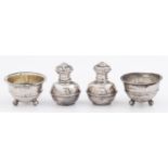 A pair of George V hemispherical silver salt cellars, 45mm diam, marks rubbed, Birmingham 1911 and