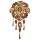 A rose diamond brooch, late 19th c, in gold and of scalloped circular form with fringe, 8.6g Lacking