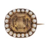 A Victorian foiled octagonal citrine and split pearl brooch, in gold, 11.5g Slight wear and