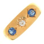 An Edwardian sapphire and diamond ring, in 18ct gold, gypsy set, Birmingham 1904, 3g, size L Light