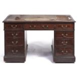 A Victorian mahogany pedestal desk, late 19th c, fitted nine drawers, 74cm h; 68 x 139cm Evidence of