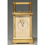 A French brass quarter repeating carriage clock, early 20th c, with blued steel halberd hands and