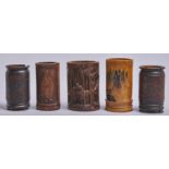 Four Chinese bamboo brush pots and a lighter bamboo brush pot painted with a landscape, 20th c, 13-
