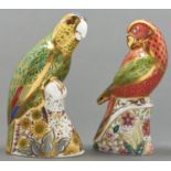 Two Royal Crown Derby Amazon Green Parrot and Lorikeet paperweights, 14.5 and 15.5cm h, printed