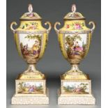 A pair of German yellow ground shield shaped  vases, covers and pedestals, Helena Wolfsohn, early