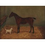 W Stevenson, fl 19th century  - Portrait of a Chestnut Hunter and a Terrier in a Loose Box, signed
