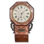 A Victorian rosewood and mother of pearl inlaid drop-case wall clock, c1870, pendulum, 69cm h