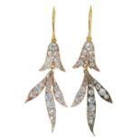 A pair of diamond leaf shaped pendant earrings, in gold, articulated, 33mm excluding wire loop, 6g