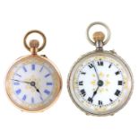 A Swiss gold keyless cylinder lady's watch, c1900, plated cuvette, 29mm diam, marked 9c and a