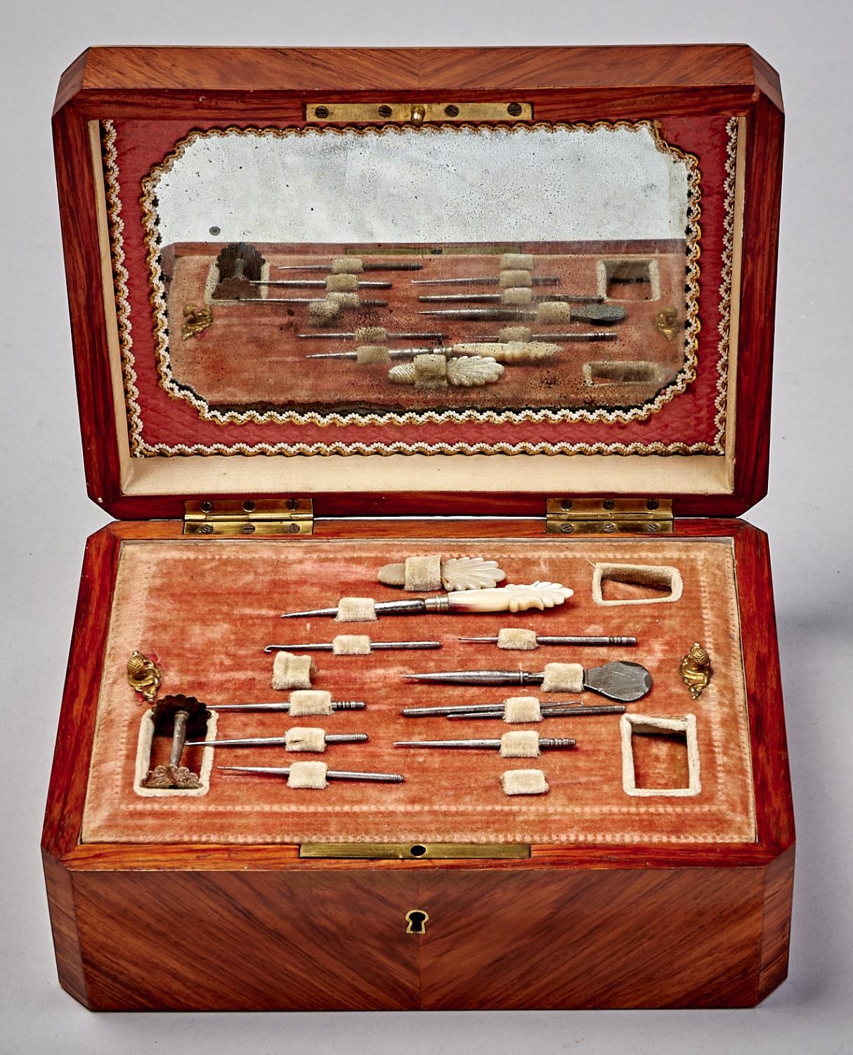 A French tulipwood necessaire, c1870, in matched veneers inlaid with brass and mother of pearl - Image 2 of 2