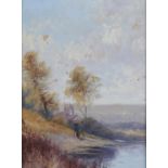 English School, late 19th / early 20th c - Landscape with Figure, a pair, oil on board, 39.5 x