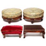 A pair of Victorian walnut footstools, c1870, 34cm diam and two other footstools (4) Pair - the