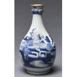 A Chinese export blue and white garlic necked bottle, guglet, early 19th c, sketchily painted with