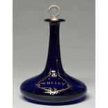 An English cobalt glass mell decanter, c1820, with shaped gilt WHISKY cartouche, 22cm h and a plated