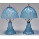 A pair of frosted blue glass table lamps in art deco style, nickel plated mounts, 37cm h Generally