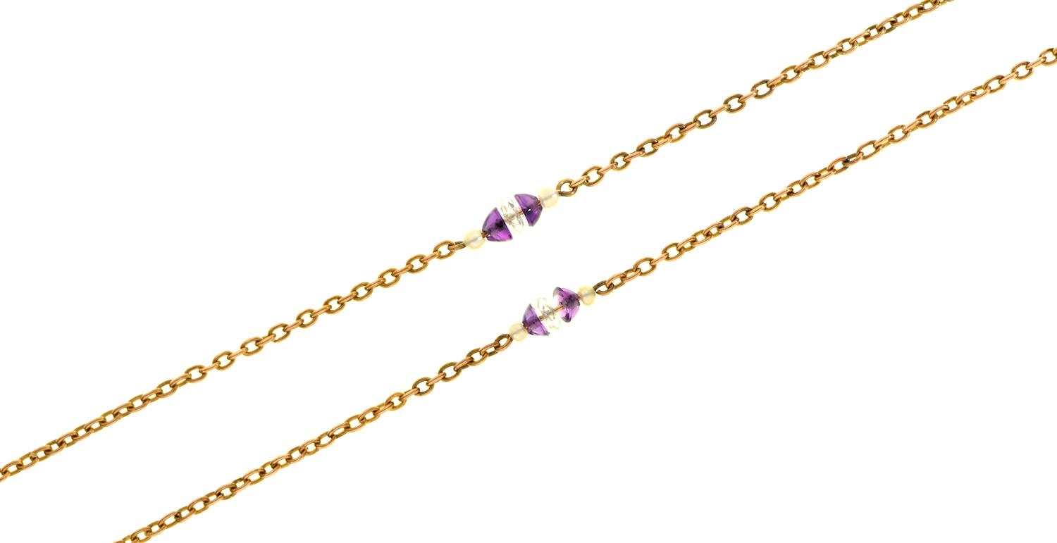 A gold necklet with amethyst, cultured pearl and glass beads at intervals, early 20th c, 50cm l,