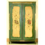 A French painted wardrobe,  late 19th / early 20th c,  with floral panels, the doors and sides
