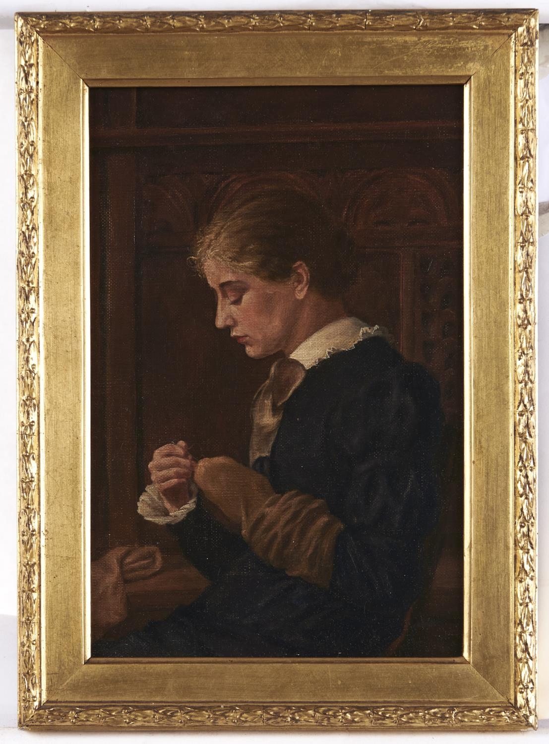 English School, late 19th c - Seated Female in a Panelled Interior Darning, oil on canvas, 29 x 19cm - Bild 2 aus 3