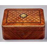 A French tulipwood necessaire, c1870, in matched veneers inlaid with brass and mother of pearl