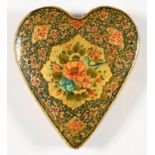A Kashmiri lacquer heart shaped box and cover, c1900, painted in brilliant polychrome with a bird