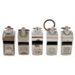 Five Railwayman's and other nickel plated whistles, each marked THE ACME THUNDERER, two stamped