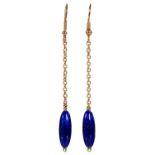 A pair of gold and blue guilloche enamel pendant earrings, altered from another article, the drop