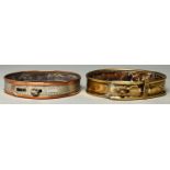 An English sheet brass dog collar and a Victorian leather lined nickel plated brass dog collar, with