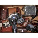 Miscellaneous 35mm cameras and 1930's Kodak brown bakelite No2 Hawkette folding camera, front