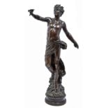 A bronzed copper electrotype half life sized statuette of a semi naked youth, 20th c, holding an oil