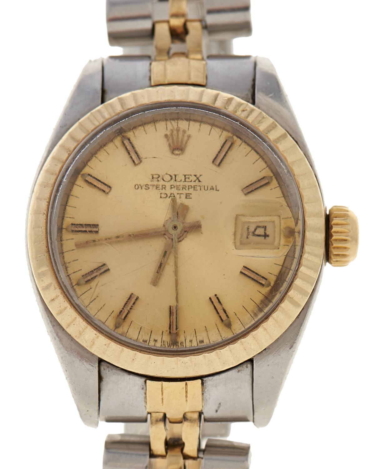 A Rolex bi-metal lady's wristwatch, Oyster Perpetual Date, 25mm, maker's bracelet and box In